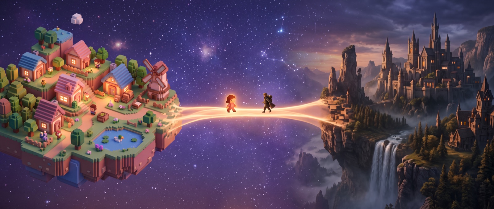 Due mondi opposti, uno in pixel art e uno fantasy, uniti da un ponte di luce